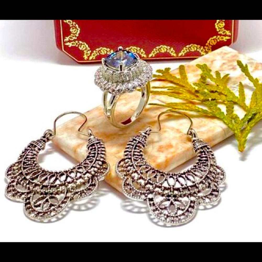 Mystic & White Topaz Ring sz 7 & Long Earrings